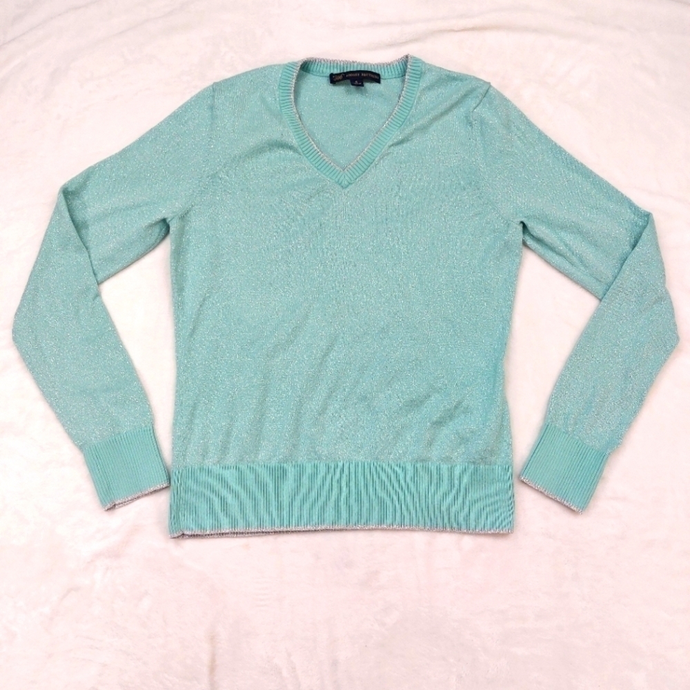 BROOKS BROTHERS 346 WOMENS BLUE AND SILVER METALLIC THREAD V-NECK SWEATER SIZE S